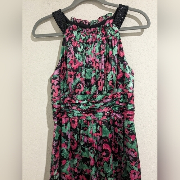 Kay Unger Pink Green Floral Ruched Silk Sleeveless Flowy Dress Glam Evening - Picture 4 of 11